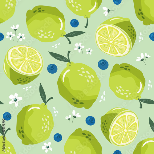 Summer seamless pattern with lime and blossom. Sweet tropical background for textile, fabric, decorative paper. Vector