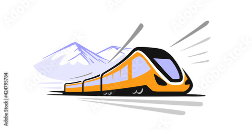 Modern high speed train logo with mountain. Locomotive transport color sign
