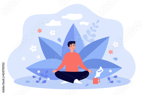 Young man with cup of tea meditating among plants and flowers. Colorful vector flat illustration. Healthy lifestyle, holistic mental therapy, wellness and self care concept photo