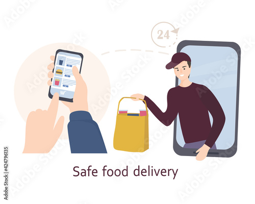 The concept of safe home delivery. The courier holds the package with the goods, hands the customer a fast food. Online store of goods, ordering over the Internet and delivery to the door of the home