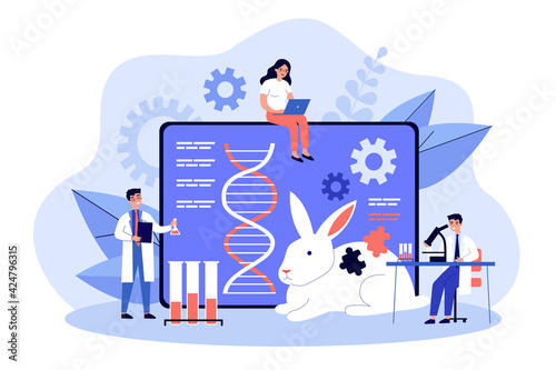 Genetic engineering researcher scientist group. Man and woman researchers and experiment with animal dna and gen. Future medicine, biology, zoology and genetic. Flat colorful vector illustration