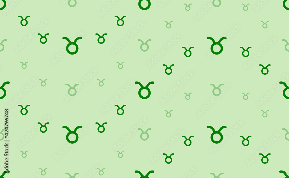 Seamless pattern of large and small green zodiac taurus symbols. The elements are arranged in a wavy. Vector illustration on light green background