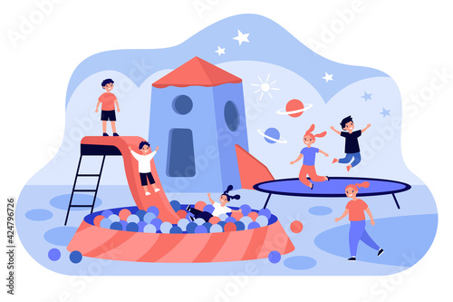 Game center for children. Active kids playing at day care center, vibrant playroom flat vector illustration. Indoor activity for kids, childhood concept for banner, website design or landing web page