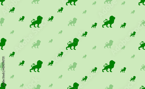 Seamless pattern of large and small green lion symbols. The elements are arranged in a wavy. Vector illustration on light green background