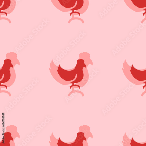 Seamless pattern of large isolated red chicken symbols. The elements are evenly spaced. Vector illustration on light red background