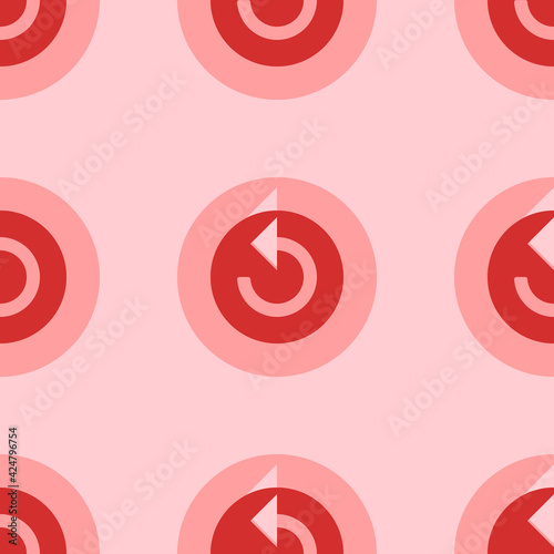Seamless pattern of large isolated red replay media symbols. The elements are evenly spaced. Vector illustration on light red background