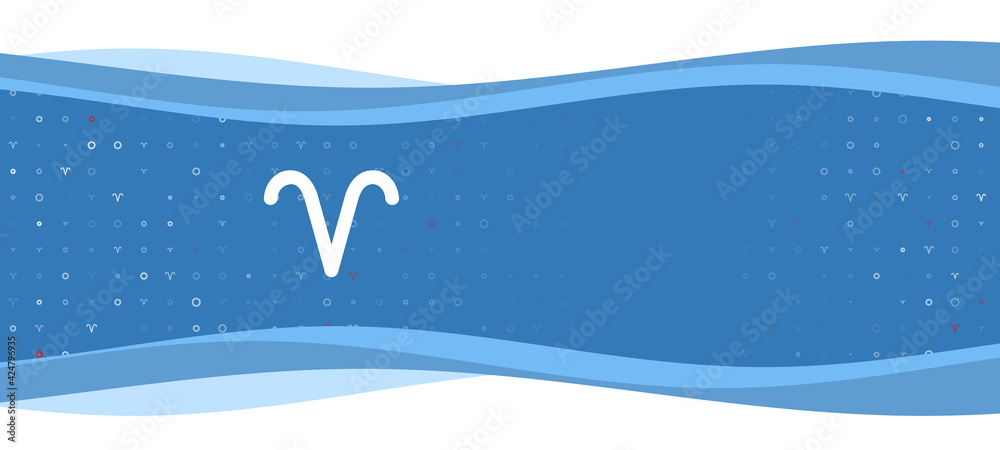 Fototapeta premium Blue wavy banner with a white zodiac aries symbol on the left. On the background there are small white shapes, some are highlighted in red. There is an empty space for text on the right side