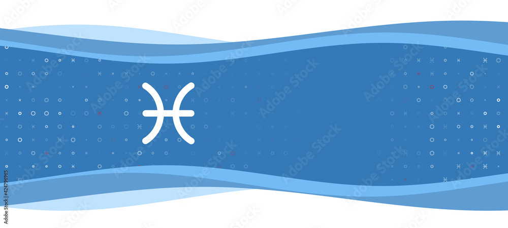 Blue wavy banner with a white zodiac pisces symbol on the left. On the background there are small white shapes, some are highlighted in red. There is an empty space for text on the right side