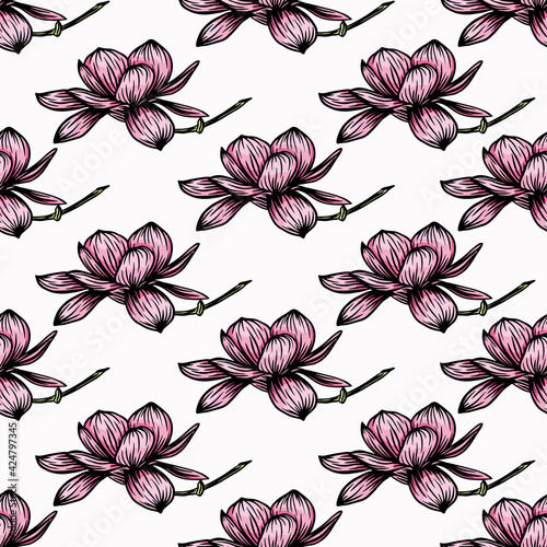 Fototapeta Naklejka Na Ścianę i Meble -  Pattern seamless with black magnolia outline. Spring flower hand drawn vector illustration. Black and white with line art on white backgrounds