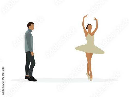 Male character looking at dancing ballerina on white background