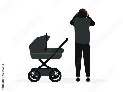 Male character stands next to a baby carriage and puts a hood on his head on a white background