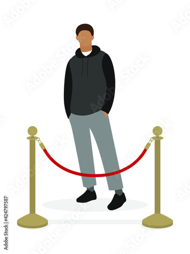 Male character stands in front of fence posts with red cord on white background
