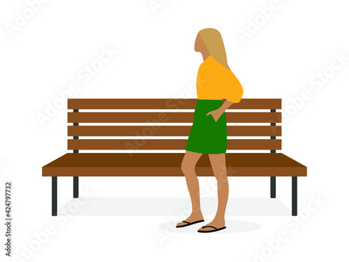 Female character in summer clothes near a wooden bench on a white background