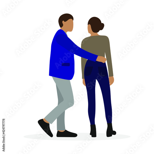 Male character hugging waist of female character isolated on white background