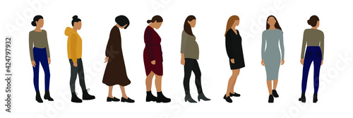 Set of eight different female characters on a white background
