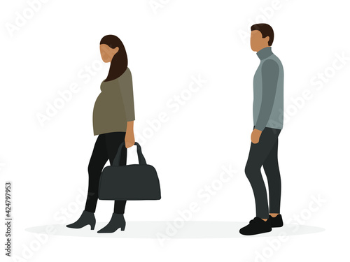 Male character looking at leaving pregnant female character with bag in hand isolated on white background