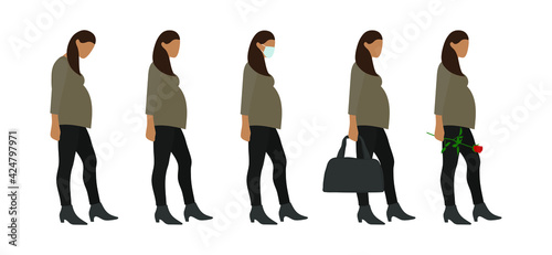 Pregnant female character in various poses on a white background