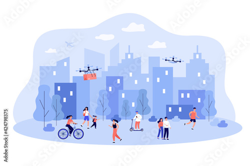 People enjoying modern life in smart city. Flat vector illustration. Digital and real social life with wireless network, computers, huge buildings and future environment. Smart city, progress concept