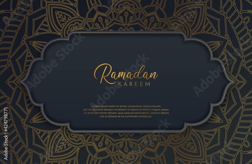 Luxury black gold background banner with islamic arabesque mandala ornament on dark surface