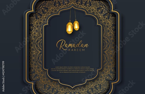 Luxury black gold background banner with islamic arabesque mandala ornament on dark surface