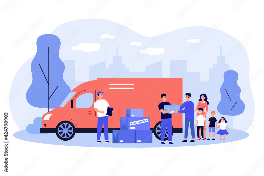 Team of volunteers giving help boxes to family. Governmental help for refugees flat vector illustration. Humanitarian aid, material assistance concept for banner, website design or landing web page Team of volunteers giving help boxes to family. Governmental help for refugees flat vector illustration. Humanitarian aid, material assistance concept for banner, website design or landing web page