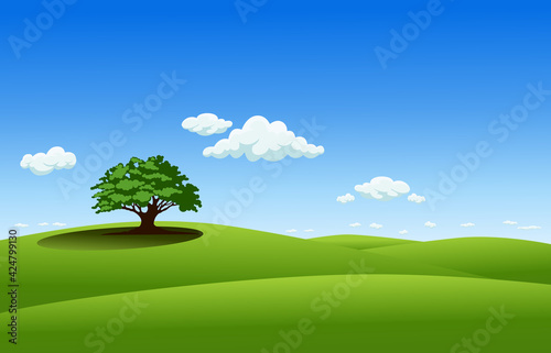 Lone Oak tree stand in green curved landscape with white clouds on blue sky background .vector illustration.