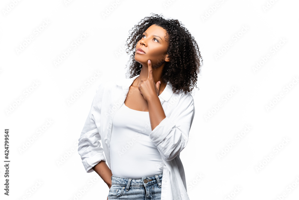 Pensive african american woman looking away isolated on white Pensive african american woman looking away isolated on white