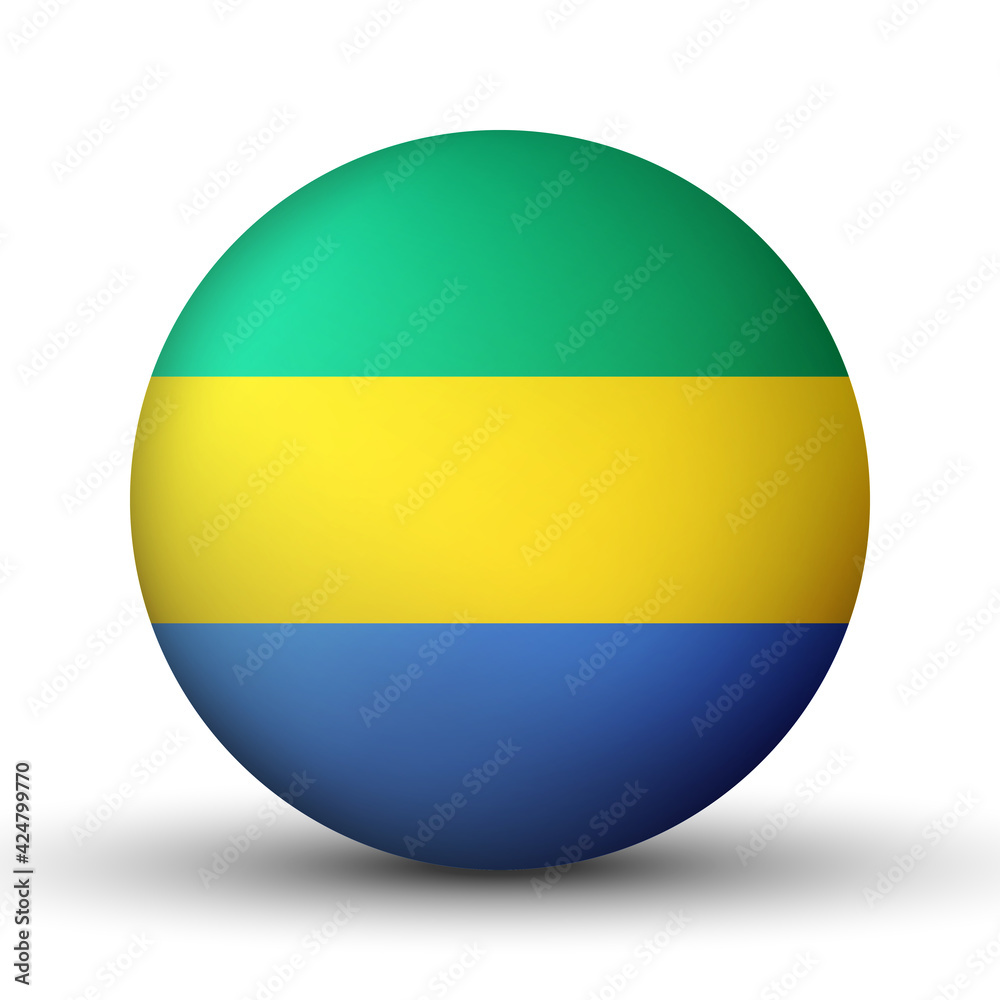 Glass light ball with flag of Gabon. Round sphere, template icon. National symbol. Glossy realistic ball, 3D abstract vector illustration highlighted on a white background. Big bubble Glass light ball with flag of Gabon. Round sphere, template icon. National symbol. Glossy realistic ball, 3D abstract vector illustration highlighted on a white background. Big bubble