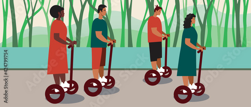 Friends on a hoverboard, flat vector stock illustration with people on a gyro scooter in travel or park