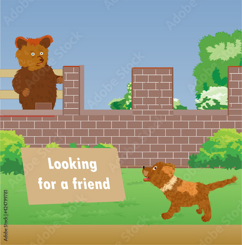 Little bear is building a house and it need a friend for help it. The puppy dog has seen the note and asked it what kind of friend the bear is waiting for. Illustration vector scene.