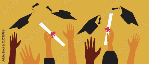 Fotografiet Graduates with diploma isolated, flat vector stock illustration with happy peopl