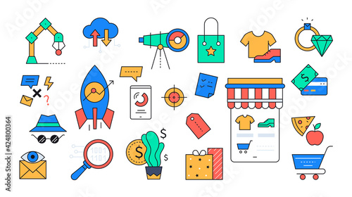 Online shopping and startup projects - colorful line design style icons