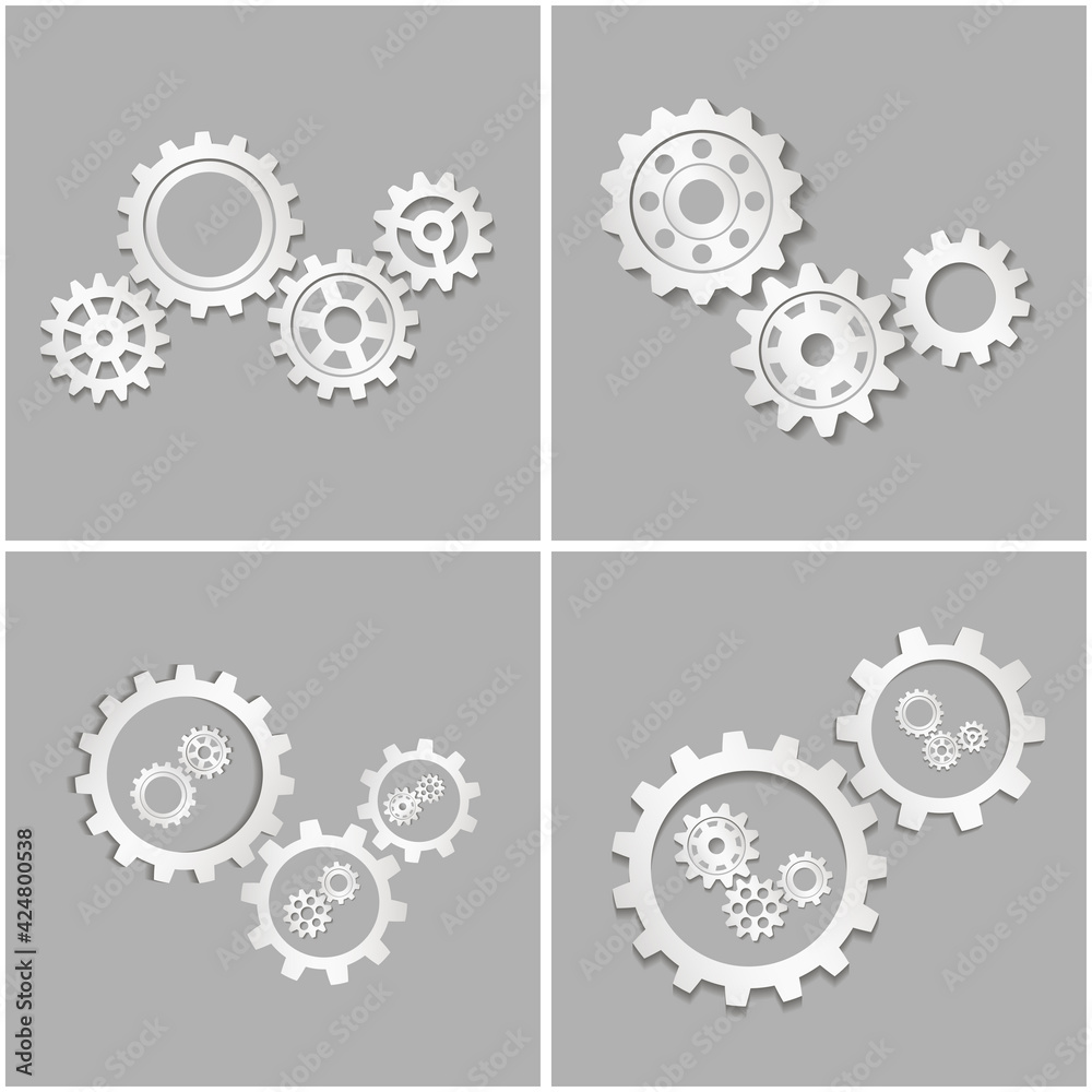 Metal gears set. Factory gears vector icon. Mechanical gear. The image of the gear. Machine gear. Cogwheel gear Metal gears set. Factory gears vector icon. Mechanical gear. The image of the gear. Machine gear. Cogwheel gear