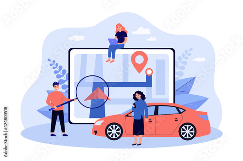 Tiny people and GPS with giant city map flat vector illustration. Cartoon man and women with auto finding road directions using navigation applications. Geolocation, navigation, car rental concept