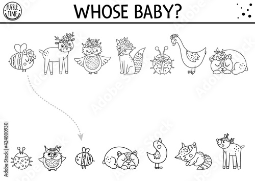 Mothers day black and white matching activity for children with moms and children. Fun line coloring page with cute mother animals and their babies. Holiday game. Printable worksheet for kids..