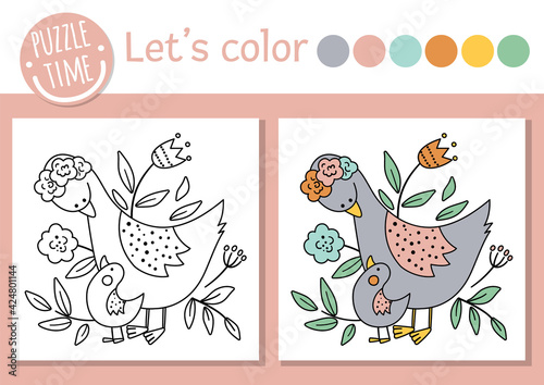 Mothers day coloring page for children with baby goose and mother. Vector outline illustration showing family love. Adorable spring holiday color book for kids with colored example.
