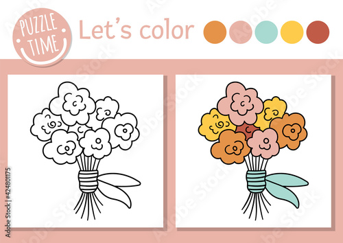 Holiday coloring page for children. Funny rose bouquet picture. Vector outline illustration with cute present. Adorable spring flower arrangement color book for kids with colored example.