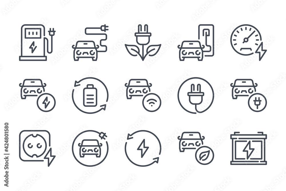 Electric car and Hybrid vehicle line icon set. Eco fuel station and Auto charging linear icons. Battery power and Alternative energy sources outline vector sign collection.