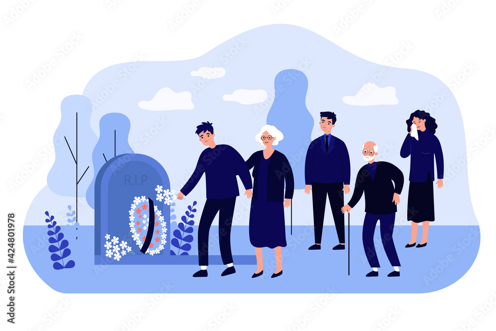 Cartoon mourning people at graveyard flat vector illustration. Men and