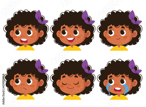 Vector character funny. Illustration of cute faces of black little schoolgirl girl showing different emotions. Avatar isolated on white background clipart african