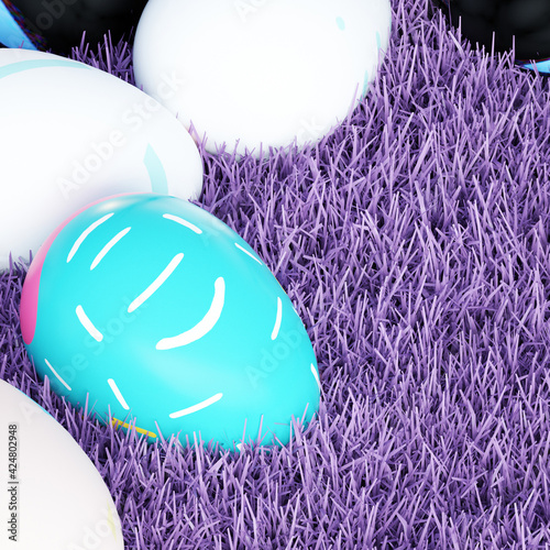 Colorful Textured Easter Eggs Lays on Purple Grass
