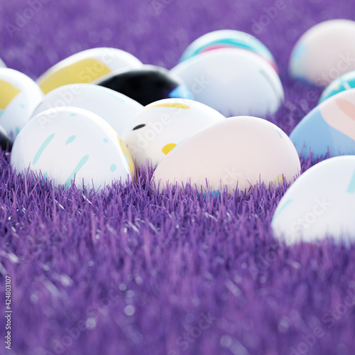 Colorful Textured Easter Eggs Lays on Purple Grass