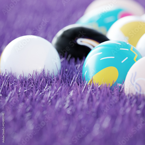 Colorful Textured Easter Eggs Lays on Purple Grass