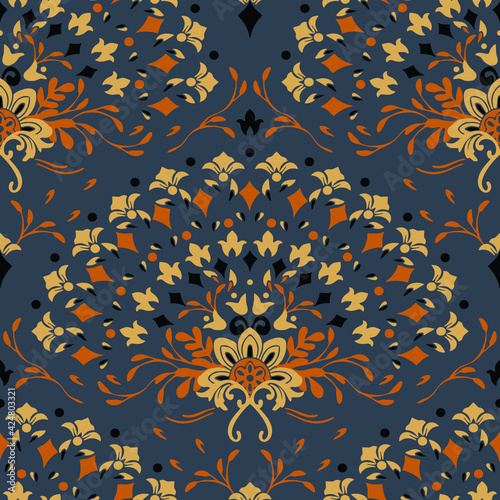 Seamless vector pattern with floral fan on grey background. Luxury flower damask wallpaper design. Decorative baroque fashion textile.