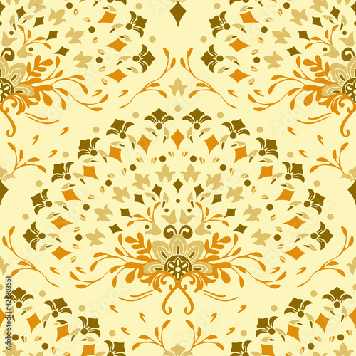 Seamless vector pattern with romantic flower fan on light yellow background. Decorative golden floral wallpaper design. Damask fashion textile.