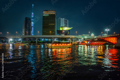 Amazing nightscape of Asakusa district and river Sumida in Tokyo photo