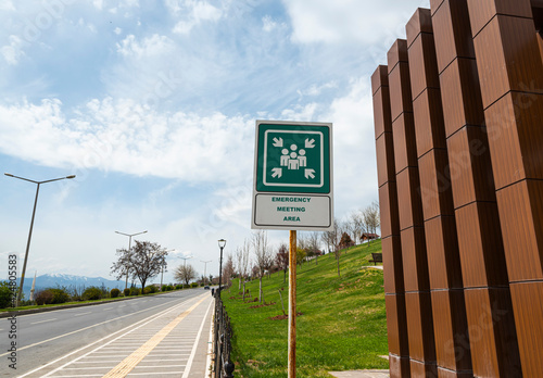 Assembly point signs , are essential for identifying areas of safety where persons should assemble in the event of an emergency