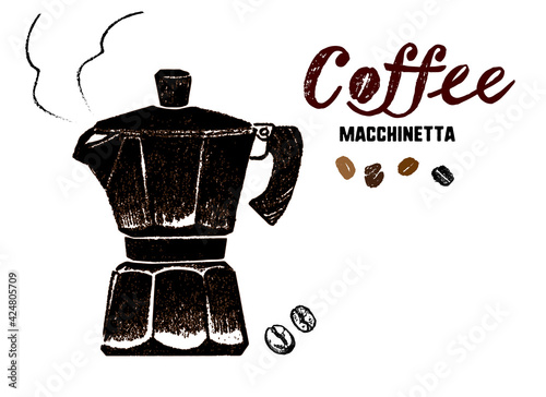 コーヒー器具のイラスト。マキネッタとコーヒー豆。