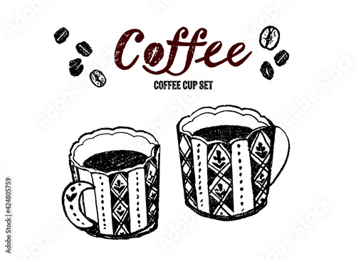 コーヒーカップのイラスト。コーヒー豆とコーヒーカップのイラスト。