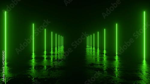 Futuristic sci fi bacgkround. Yellow neon lights glowing in a room with concrete floor with reflections of empty space. Alien, Spaceship, Future, Arch. Progress. 3d illustration © flashmovie